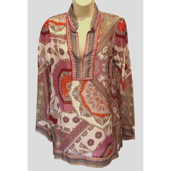 HALE BOB Joanna Voile Fuchsia Beaded Long Flared Sleeve Tunic Top Blouse - Picture 5 of 12